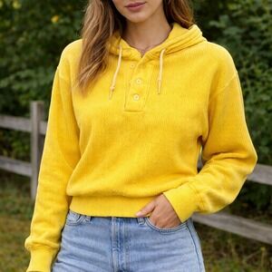 Vintage 90s Sperry Hooded Henley Sweatshirt Yellow Cotton Women's M Made In USA